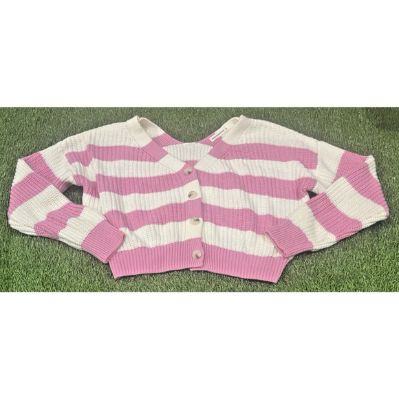 MOON & MADISON Cardigan Sweater Women Stripe Pink Knit Size MEDIUM (8-10) - Picture 1 of 8